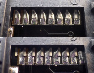 Inspect all solder joints. The lower image shows a pretty typical alignment skew on the cheap SD adapters.