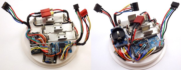 Rocket Ultra (left) VS Moteino Mega (right) loggers with pin powered RTCs. I break out LED, I2C and one-wire with Deans micro connectors, and you can see the 4.7K one-wire pullup above the main power supply divider on the Mega. The 32K eeprom is tucked under the RTC, which is inverted on the Moteino build to make changing the coin cell easier.