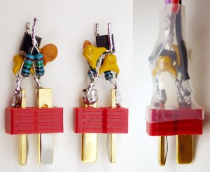 On more recent builds I have started moving the voltage regulator & battery divider from the Arduino board to the battery connectors. Note the ceramic 105's on the MCP1700 as per the proper spec. 