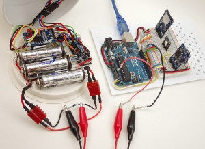  Here I’m reading the voltage across a 10Ω resistor with the UNO’s built in ADC. To do that I need to join the ground lines because the Arduino can only take single-ended readings. That also forces me to put the shunt on the low side line so I don’t exceed the 1.1 vref. This arrangement causes the drip sensors’s effective ground line to jump around as the current through the resistor changes.