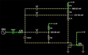 At the height of my coupling capacitor lunacy I produced this beast, thinking I could simultaneously read a reference bridge, and correct away any offsets.